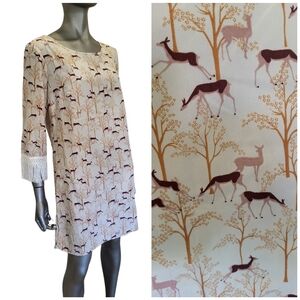 160B. NWT Willow & Clay Deer Print Dress with Fringe Cuffs - Size Large
